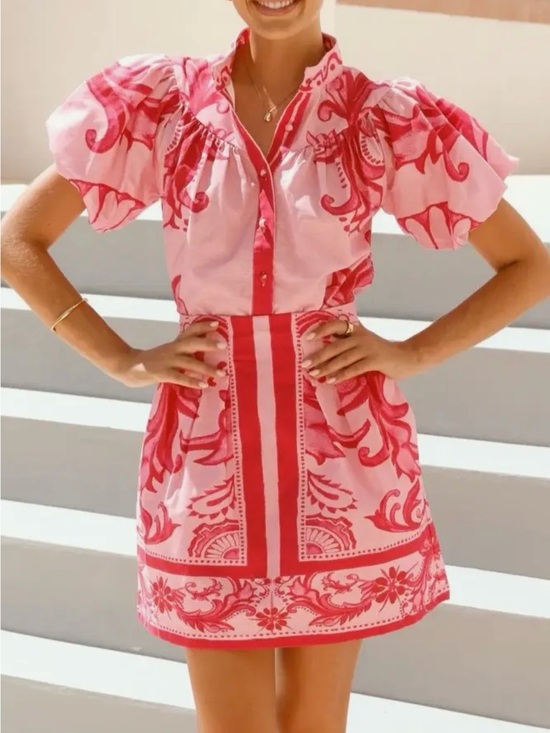 Dresses & Skirts - Pink Floral Print Puff-Sleeve Shirt and Skirt Set